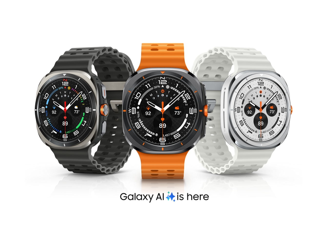 Tres dispositivos Samsung Galaxy Watch Ultra con el texto "Galaxy AI ya llegó" debajo.